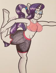 Size: 1820x2368 | Tagged: safe, artist:iffoundreturntorarity, rarity, anthro, alternate hairstyle, clothes, pants, ponytail, stretching, traditional art, yoga, yoga pants