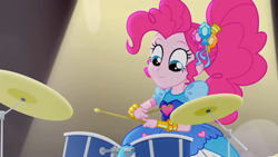 Size: 1280x720 | Tagged: safe, screencap, pinkie pie, equestria girls, legend of everfree, crystal gala, cute, drums, smiling, solo