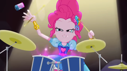 Size: 1280x720 | Tagged: safe, screencap, pinkie pie, equestria girls, legend of everfree, crystal gala, cymbals, drum kit, drum set, drums, faic, glitter, hi-hat, looking at you, musical instrument, solo