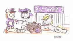 Size: 1679x959 | Tagged: safe, artist:bobthedalek, oc, oc only, oc:mixed melody, oc:octavia's father, oc:octavia's mother, oc:ostinato melody, earth pony, pony, female, heavy, male, parent, suitcase, tickets, train station