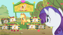 Size: 1280x720 | Tagged: safe, screencap, applejack, fluttershy, rarity, earth pony, pegasus, pony, unicorn, green isn't your color, apple, food, rarity looking at food