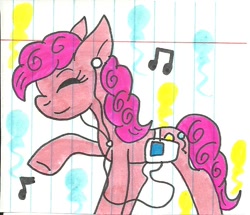 Size: 678x584 | Tagged: safe, artist:cmara, pinkie pie, earth pony, pony, commission, earbuds, ipod, lined paper, solo, traditional art