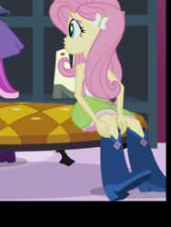 Size: 1536x2048 | Tagged: safe, screencap, fluttershy, equestria girls, equestria girls (movie), bench, boots, carousel boutique, clothes, cropped, female, high heel boots, open mouth, skirt, worried