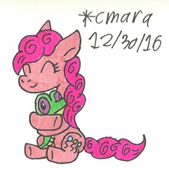 Size: 617x640 | Tagged: safe, artist:cmara, gummy, pinkie pie, earth pony, pony, hug, traditional art