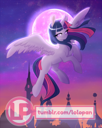 Size: 800x1000 | Tagged: safe, artist:lolopan, derpibooru import, twilight sparkle, twilight sparkle (alicorn), alicorn, pony, bedroom eyes, blank flank, female, fluffy, flying, looking at you, mare, moon, night, smiling, solo, spread wings, watermark