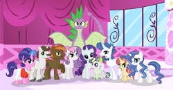 Size: 4505x2341 | Tagged: safe, artist:velveagicsentryyt, button mash, cookie crumbles, hondo flanks, rarity, spike, sweetie belle, oc, oc:burnity, oc:sky city, oc:spectrum lights, oc:strawberlly, dracony, dragon, hybrid, pony, unicorn, cousins, female, filly, half-siblings, interspecies offspring, male, mare, offspring, older, older spike, parent:button mash, parent:fancypants, parent:rarity, parent:spike, parent:sweetie belle, parents:raripants, parents:sparity, parents:sweetiemash, shipping, sparity, stallion, straight, sweetiemash, winged spike