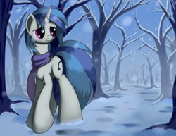 Size: 1650x1275 | Tagged: safe, artist:grennadder, dj pon-3, vinyl scratch, pony, unicorn, clothes, scarf, snow, snowfall, solo, tree