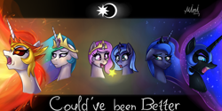 Size: 1200x600 | Tagged: safe, artist:milkychocoberry, daybreaker, nightmare moon, princess celestia, princess luna, alicorn, pony, bust, fangs, female, filly, mare