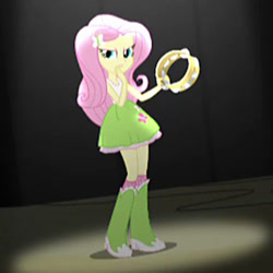 Size: 500x500 | Tagged: safe, screencap, fluttershy, equestria girls, rainbow rocks, angry, boots, clothes, cropped, female, high heel boots, looking at you, musical instrument, raised leg, skirt, socks, solo, tambourine