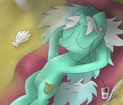 Size: 1000x850 | Tagged: safe, artist:gusteaureeze, lyra heartstrings, pony, unicorn, arm behind head, beach, beach towel, earbuds, eyes closed, mp3 player, on back, seashell, smiling, solo