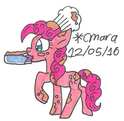 Size: 683x667 | Tagged: safe, artist:cmara, pinkie pie, pony, chef's hat, food, hat, mouth hold, pie, solo, traditional art