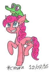 Size: 628x888 | Tagged: safe, artist:cmara, gummy, pinkie pie, earth pony, pony, female, mare, pink coat, pink mane, traditional art