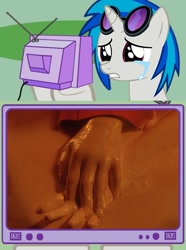 Size: 564x760 | Tagged: safe, dj pon-3, vinyl scratch, pony, unicorn, crying, daft punk, exploitable meme, feels, hand, link, meme, obligatory pony, sad, tv meme, wax, youtube link