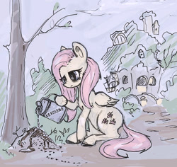 Size: 684x647 | Tagged: safe, artist:agm, fluttershy, pegasus, pony, anthill, ants, canister, existential crisis, female, fluttershy's cottage, folded wings, hoof hold, kerosene, looking at something, looking down, mare, out of character, sitting, solo, tree