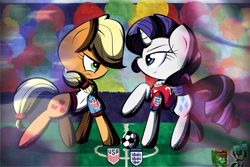 Size: 9000x6000 | Tagged: safe, artist:iamthemanwithglasses, artist:therandomjoyrider, applejack, rarity, earth pony, pony, unicorn, collaboration, absurd resolution, amerijack, ball, clothes, england, football, jersey, united states