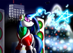 Size: 3100x2250 | Tagged: safe, artist:bludraconoid, dj pon-3, vinyl scratch, pony, unicorn, building, christmas, clothes, earmuffs, hearth's warming eve, magic, music notes, night, solo, speakers, stars, sweater