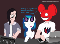 Size: 1500x1095 | Tagged: safe, artist:tehawesomeface, dj pon-3, vinyl scratch, human, apple (company), computer, crossover, deadmau5, dialogue, dubstep, laptop computer, macintosh, skrillex, text