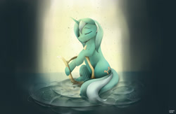 Size: 2300x1500 | Tagged: dead source, safe, artist:des1597, lyra heartstrings, pony, unicorn, eyes closed, lyre, musical instrument, smiling, solo, water, wet mane