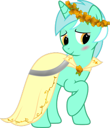 Size: 885x1031 | Tagged: safe, artist:assarak, lyra heartstrings, fanfic:background pony, blushing, clothes, dress, floral head wreath, raised hoof, solo