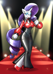 Size: 1080x1515 | Tagged: safe, artist:redflare500, rarity, anthro, unguligrade anthro, unicorn, ambiguous gender, bodysuit, breasts, catwalk, clothes, dress, eyeshadow, high heels, latex, latex dress, lipstick, makeup, shoes, smiling, solo