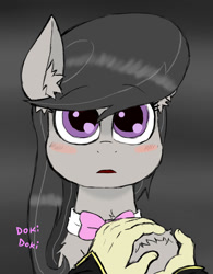 Size: 800x1025 | Tagged: safe, artist:ichibangravity, octavia melody, oc, oc:anon, earth pony, human, pony, background pony, blushing, bowtie, disembodied hand, doki doki, ear fluff, female, mare