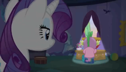 Size: 1106x628 | Tagged: safe, screencap, rarity, spike, dragon, pony, unicorn, dragon dropped, clothes, pajamas, quill, smiling, spike's room, twilight's castle, winged spike