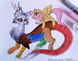 Size: 1024x805 | Tagged: safe, artist:keanuvyfoxy09, discord, fluttershy, pegasus, pony, discoshy, female, male, shipping, straight, traditional art