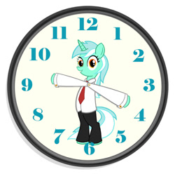 Size: 640x636 | Tagged: safe, artist:sslug, lyra heartstrings, pony, unicorn, bipedal, clock, clothes, necktie, pants, shirt, smiling, solo