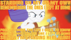 Size: 641x359 | Tagged: safe, edit, edited screencap, editor:undeadponysoldier, screencap, rarity, pony, unicorn, honest apple, angry, fire, guitar, guitarity, musical instrument, musical reference, on my own, song reference, three days grace