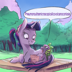 Size: 1024x1024 | Tagged: safe, artist:imsokyo, derpibooru import, spike, twilight sparkle, unicorn twilight, dragon, pony, unicorn, alternate hairstyle, baby spike, book, cute, daily life of spike, dialogue, duo, female, filly, filly twilight sparkle, first words, like mother like son, long, male, mama twilight, mare, one word, open mouth, pompeii, ponytail, prone, smiling, spikabetes, younger