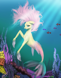 Size: 2537x3217 | Tagged: safe, artist:vinicius040598, fluttershy, fish, hippocampus, merpony, female, floppy ears, looking at you, mare, seaponified, seapony fluttershy, smiling, solo, species swap, sunlight, underwater