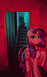 Size: 2478x4000 | Tagged: safe, artist:xjenn9, rarity, pony, unicorn, collar, dialogue, female, looking at you, mare, raised eyebrow, raised hoof, redraw, stair