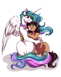 Size: 3200x4000 | Tagged: safe, artist:lupiarts, princess celestia, oc, alicorn, pony, belly, cake, cellshaded, commission, cute, female, food, hug, mare, missing accessory, pudgy, regalia, simple background, transparent background