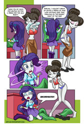 Size: 599x891 | Tagged: safe, artist:art-2u, rarity, raven, equestria girls, bra, breasts, clothes, comic, darling, dress making, equestria girls-ified, female, marshmelodrama, misspelling, panties, purple underwear, rarity being rarity, red underwear, shocked, side slit, underwear, undressing