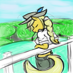 Size: 1000x1000 | Tagged: safe, artist:thewraithofwolf, applejack, anthro, eyes closed, fence, solo