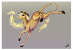 Size: 4136x2851 | Tagged: safe, artist:lalindaaa, applejack, earth pony, pony, bucking, grin, smiling, solo, underhoof