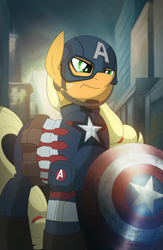 Size: 3375x5175 | Tagged: safe, artist:drawponies, applejack, earth pony, pony, absurd resolution, captain america, city, clothes, crossover, freckles, helmet, marvel, shield, solo, superhero