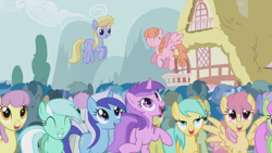 Size: 1366x768 | Tagged: safe, screencap, amethyst star, carrot top, cherry cola, cherry fizzy, cloud kicker, coco crusoe, dizzy twister, doctor whooves, golden harvest, lemon hearts, lyra heartstrings, merry may, minuette, orange swirl, parasol, rainbowshine, sparkler, sunshower raindrops, twinkleshine, pony, boast busters