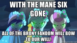 Size: 500x281 | Tagged: safe, edit, edited screencap, screencap, lyra heartstrings, minuette, twinkleshine, a canterlot wedding, background pony, brainwashing, bridesmaid dress, brony, clothes, dress, everyone steals tirek's meme, exploitable meme, image macro, meme, memegenerator, mind control