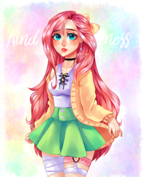 Size: 900x1108 | Tagged: safe, artist:zorbitas, fluttershy, human, bow, breasts, clothes, cute, female, humanized, looking at you, moe, pleated skirt, skirt, solo, watermark