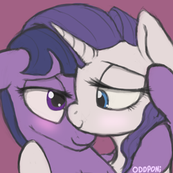 Size: 3000x3000 | Tagged: safe, artist:aenbrdraws, derpibooru import, rarity, twilight sparkle, pony, unicorn, bedroom eyes, blushing, cuddling, eye contact, female, floppy ears, hug, lesbian, lidded eyes, looking at each other, mare, pink background, rarilight, shipping, simple background, smiling, snuggling