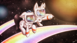 Size: 1920x1080 | Tagged: safe, artist:skybrush-viffex, dj pon-3, octavia melody, vinyl scratch, earth pony, pony, rainbow road, space, spacesuit