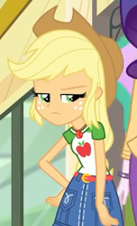 Size: 262x430 | Tagged: safe, screencap, applejack, princess celestia, principal celestia, rarity, best trends forever, best trends forever: pinkie pie, better together, equestria girls, applejack is not amused, applejack's hat, belt, clothes, cowboy hat, cropped, denim skirt, female, freckles, geode of super strength, hat, offscreen character, skirt, solo focus, stetson, unamused