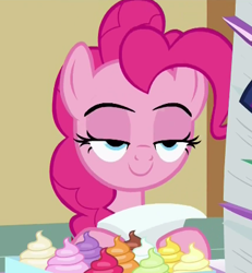 Size: 380x411 | Tagged: safe, screencap, pinkie pie, earth pony, pony, a flurry of emotions, faic, female, happy, lidded eyes, solo