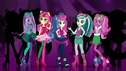 Size: 1280x720 | Tagged: safe, screencap, amethyst star, bon bon, cheerilee, lyra heartstrings, roseluck, sparkler, sweetie drops, equestria girls, rainbow rocks, box art, commercial, doll, hasbro logo, merchandise, youtube link