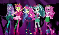 Size: 1146x679 | Tagged: safe, screencap, amethyst star, bon bon, cheerilee, lyra heartstrings, roseluck, sparkler, sweetie drops, equestria girls, commercial, derp