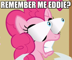 Size: 829x693 | Tagged: safe, screencap, pinkie pie, pony, a flurry of emotions, christopher lloyd, eye bulging, eye popping, grammar error, image macro, judge doom, meme, pinkie being pinkie, pinkie physics, solo, who framed roger rabbit, wild take