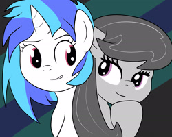 Size: 2422x1936 | Tagged: safe, artist:garlandgala, dj pon-3, octavia melody, vinyl scratch, earth pony, pony, unicorn, black mane, female, gray coat, horn, mare, two toned mane, white coat