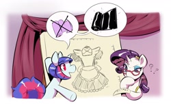 Size: 2692x1640 | Tagged: safe, artist:helixjack, rarity, oc, oc:mew, pony, unicorn, clothes, dress, female, latex, maid, mare, pictogram, question mark, sketch, thinking