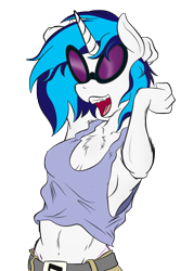 Size: 2000x2991 | Tagged: safe, artist:zomgitsalaura, dj pon-3, vinyl scratch, anthro, belly button, belt, clothes, midriff, panties, simple background, solo, stretching, thong, transparent background, underwear
